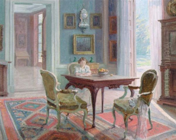 Herskabeligt Interior Med Husets Dater Laesende Ved Et Bord Oil Painting by Robert Panitzsch