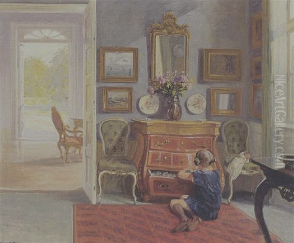 Interior Med Lille Pige, Der Leger Oil Painting by Robert Panitzsch