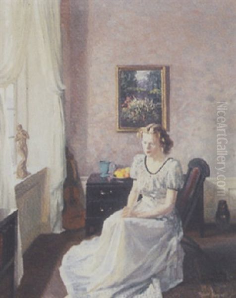 Interior Med Ung Kvinde Siddende I En Stol Oil Painting by Robert Panitzsch