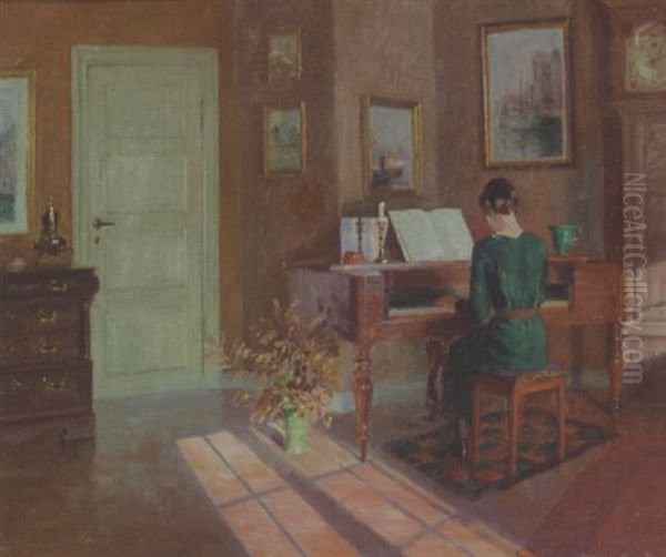 A Lady Playing A Piano In A Sunlit Interior Oil Painting by Robert Panitzsch