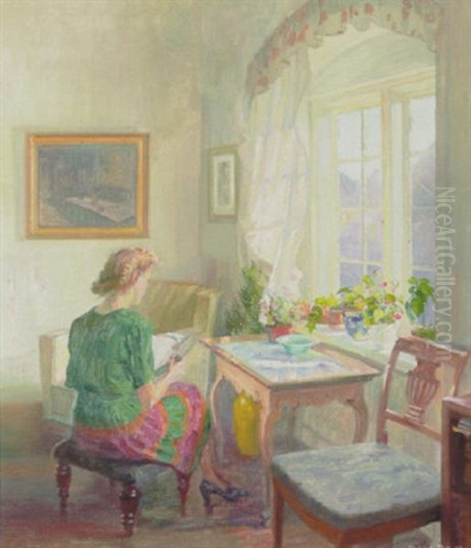 Interior Med Laesende Ung Dame Ved Vinduet Oil Painting by Robert Panitzsch