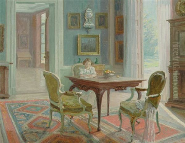 Herskabeligt Interior Med Husets Datter Laesende Ved Et Bord Oil Painting by Robert Panitzsch