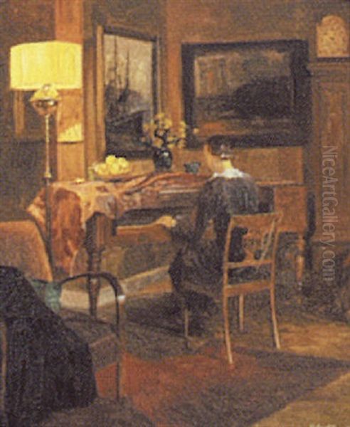 Interior Med Kvinde Ved Et Klaver Oil Painting by Robert Panitzsch