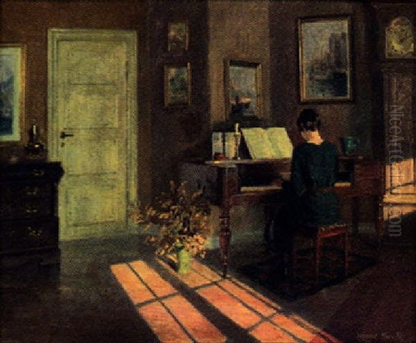 Interior Med Pianospelande Kvinna Oil Painting by Robert Panitzsch