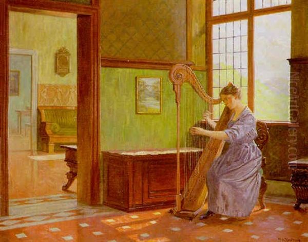 A Girl At A Harp In An Interior Oil Painting by Robert Panitzsch