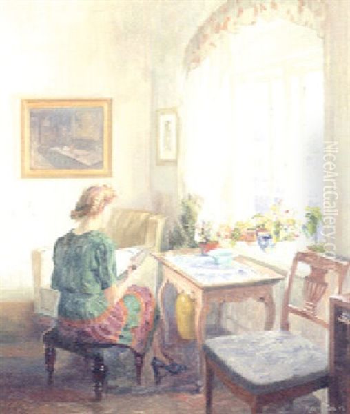 A Lady Reading In A Sunlit Interior Oil Painting by Robert Panitzsch