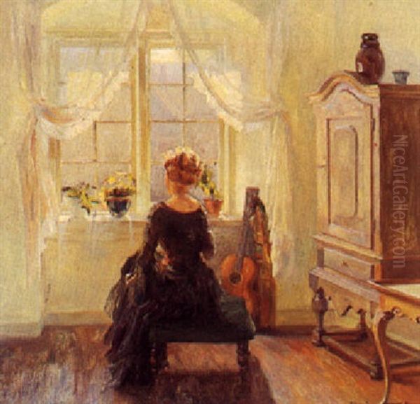 Interior Med Kvinde Siddende Ved Vindue Oil Painting by Robert Panitzsch