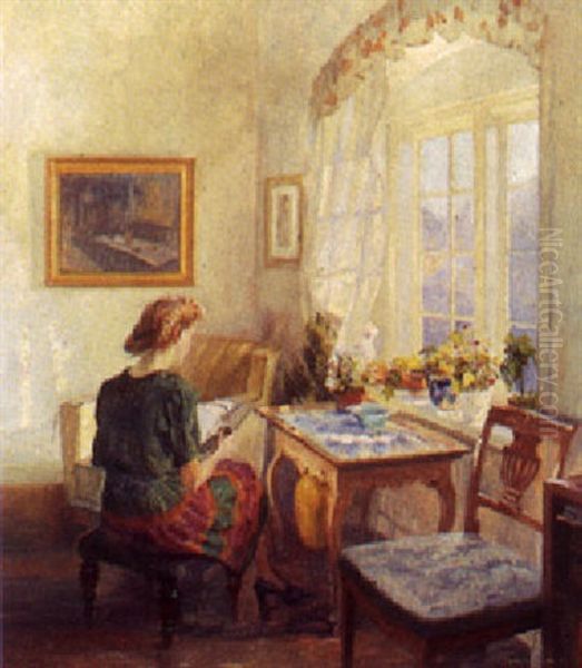 Interior Med Laesende Kvinde Oil Painting by Robert Panitzsch