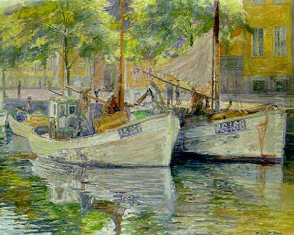 Fishing Boats Moored On A Canal Oil Painting by Robert Panitzsch