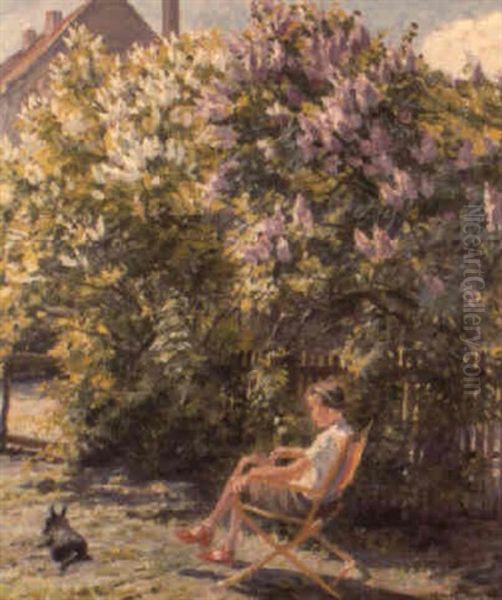 Reading In The Garden Oil Painting by Robert Panitzsch