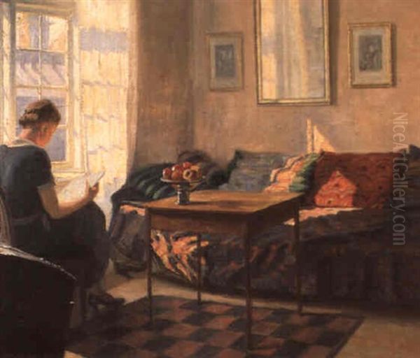 A Woman Reading At A Window Oil Painting by Robert Panitzsch