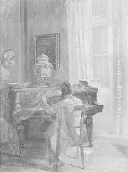 Girl Playing The Piano Oil Painting by Robert Panitzsch