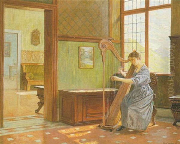 Lady Playing The Harp Oil Painting by Robert Panitzsch