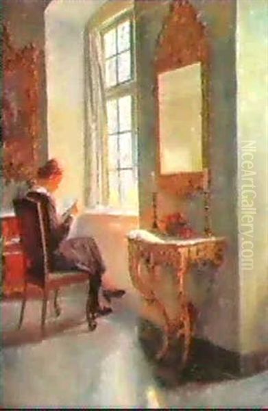 A Woman Reading A Letter By A Window Oil Painting by Robert Panitzsch