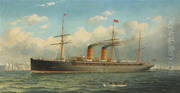 The Cunard Liner "r.m.s. Umbria" Off Brooklyn Heights, On The East River, New York Oil Painting by Fred Pansing