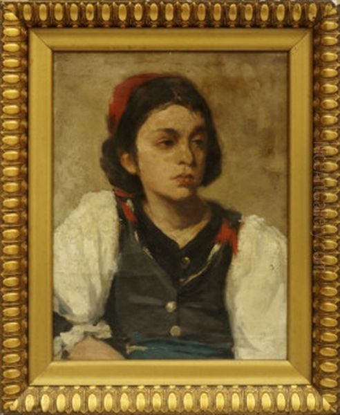 Portrait Of A Girl Seated Wearing A Red Scarf In Her Hair Oil Painting by Pericles Pantazis