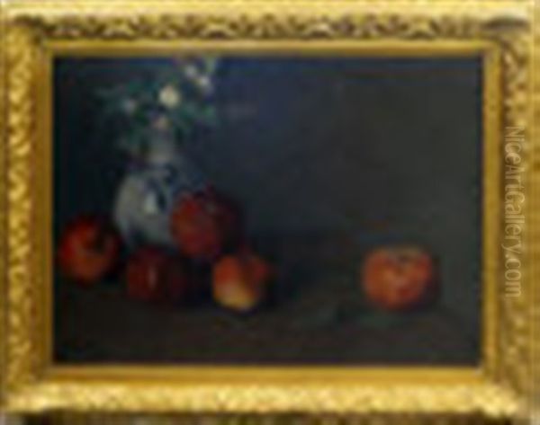 Still Life Of Fruit And A Vase Of Flowers Oil Painting by Pericles Pantazis