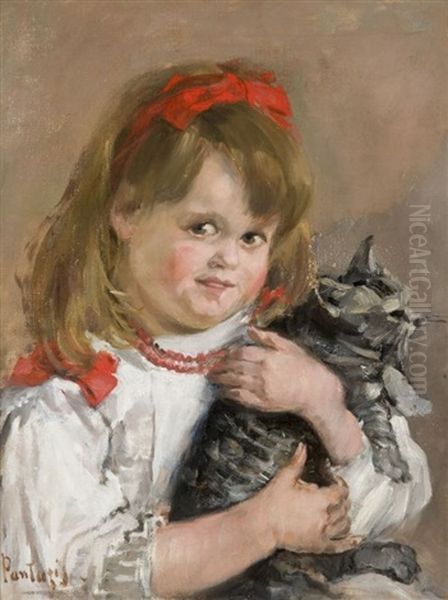 Fillette Au Chat Oil Painting by Pericles Pantazis