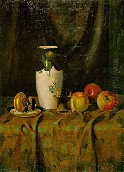 Still Life With Vase. Apples, Glass And Porcelain Cup Oil Painting by Pericles Pantazis