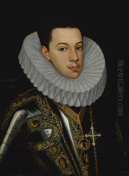 Portrait Of Prince Felipe Emmanuele Of Savoy (1586-1605), Half-length, Wearing The Badges Of The Orders Of The Annunziata And St. Mauricius And Lazarus Oil Painting by Juan Pantoja de la Cruz