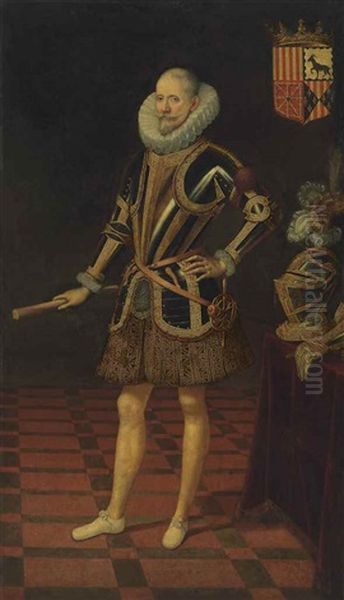 Portrait Of A Nobleman, Probably Juan Francisco Cristobal Fernandez De Hijar 4th Duke Of Hijar, Duke Of Aliaga And Lecera, Count Of Belchite, In Armour And Embroidered Trunk Hose, Holding A Baton Oil Painting by Juan Pantoja de la Cruz