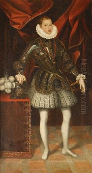 Portrait Of The Infante Philip Iii Of Spain Aged 16, Full Length, Standing In Royal Armour, Wearing The Order Of The Golden Fleece Oil Painting by Juan Pantoja de la Cruz