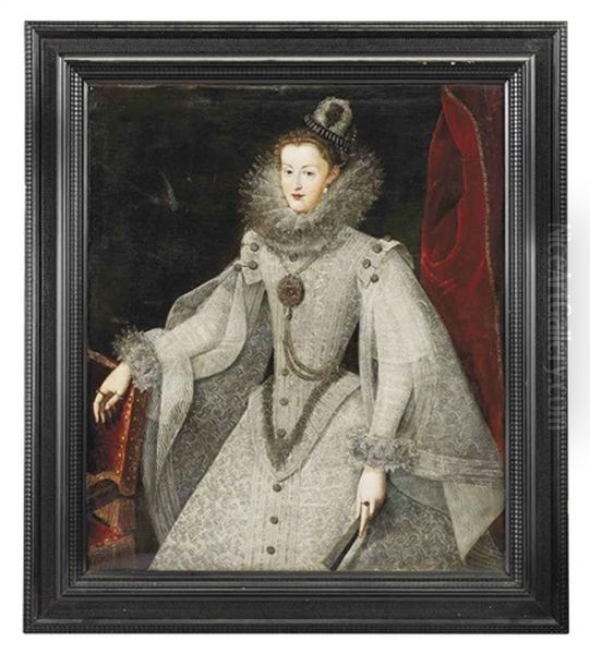 Portrait Of Margaret Of Austria, Queen Consort Of Spain And Portugal (1584-1611) In A Richly Embroidered Dress, Her Right Hand Resting On A Chair... Oil Painting by Juan Pantoja de la Cruz