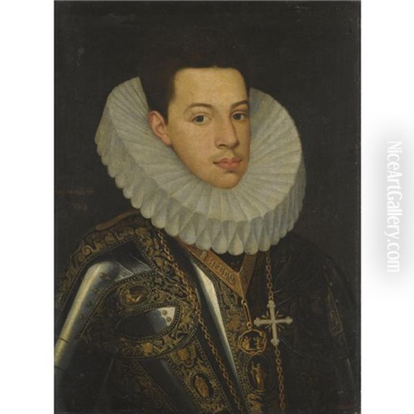 Portrait Of Prince Felipe Emmanuele Of Savoy, Wearing The Badges Of The Orders Of The Annunziata And St. Mauricius And Lazarus Oil Painting by Juan Pantoja de la Cruz