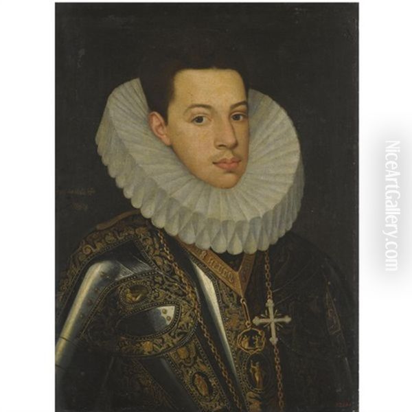 Portrait Of Prince Felipe Emmanuele Of Savoy Wearing The Badges Of The Orders Of The Annunziata And St. Mauricius And Lazarus Oil Painting by Juan Pantoja de la Cruz