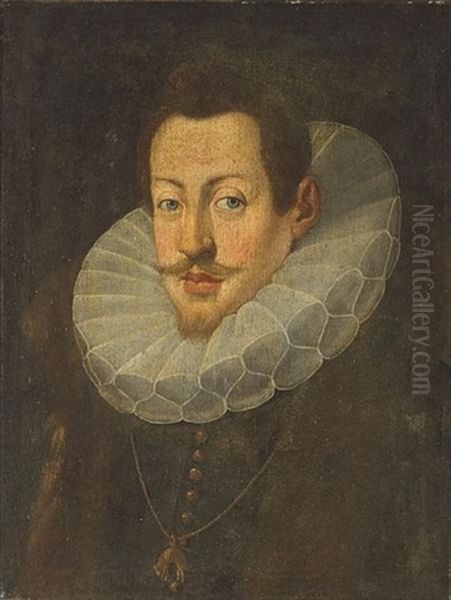 A Portrait Of A Gentleman, Half-length, In A Lace Collar, Wearing The Order Of The Golden Fleece Oil Painting by Juan Pantoja de la Cruz