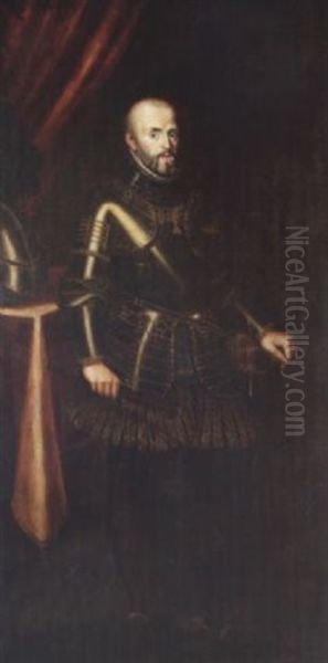 Portrait Of A Gentleman, In Armour With The Order Of The Golden Fleece, His Hand Resting On The Hilt Of His Sword, A Helmet On A Draped Table Behind Oil Painting by Juan Pantoja de la Cruz