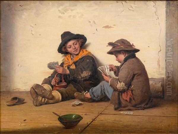 Children Playing Cards Oil Painting by Antonio Ermolao Paoletti