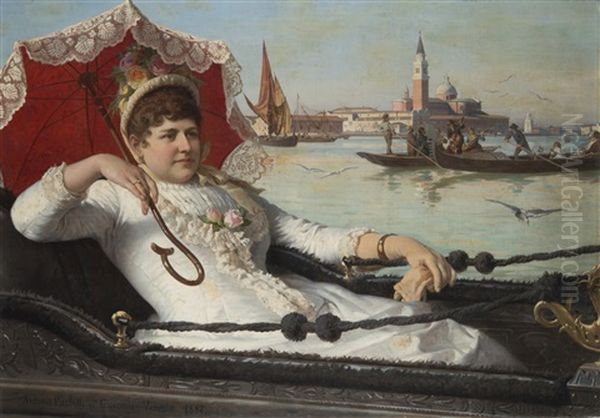 La Signora In Gondola Con Venezia Sullo Sfondo Oil Painting by Antonio Ermolao Paoletti