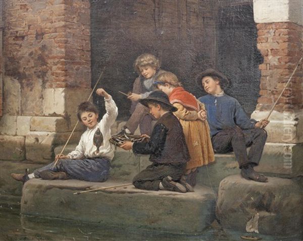 The Broken Plate; Children Fishing (2 Works) Oil Painting by Antonio Ermolao Paoletti