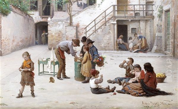 The Ice Cream Vendors Oil Painting by Antonio Ermolao Paoletti