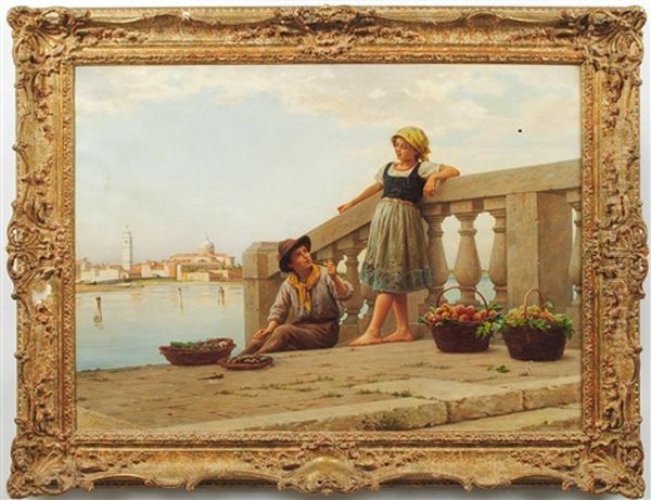 Venetian Fruit Sellers Oil Painting by Antonio Ermolao Paoletti