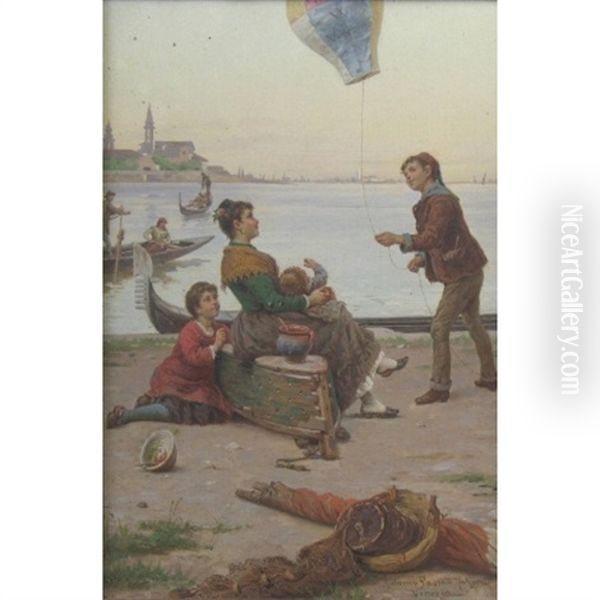 Venetian Scene With Figures On The Canal Side, A Boy Flying A Balloon, Gondolas On The Water Oil Painting by Antonio Ermolao Paoletti