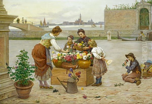 Venetian Flower Sellers Oil Painting by Antonio Ermolao Paoletti