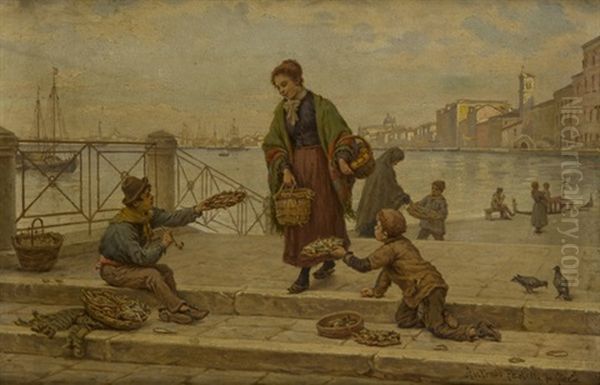 Veduta Di Venezia Con Giovani Venditori Di Pesce Oil Painting by Antonio Ermolao Paoletti