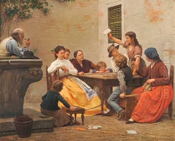 An Italian Courtyard With Numerous Figures Playing A Game Of Loto Oil Painting by Antonio Ermolao Paoletti