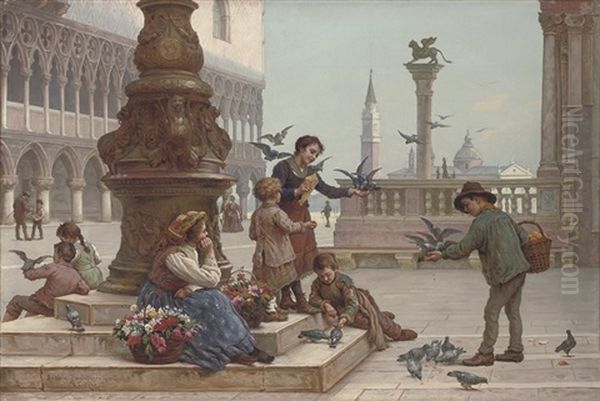 Feeding The Pigeons Oil Painting by Antonio Ermolao Paoletti