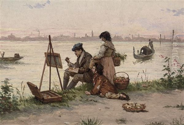 An Artist On The Shore, Venice In The Distance Oil Painting by Antonio Ermolao Paoletti