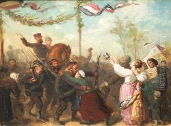 Ruckkehr Preusischer Soldaten 1870/71. Sie Werden In Einem Dorf Mit Blumen Und Ehrenpforte Jubelnd Begrust. Ol Auf Malkarton. 27 X 36,5 Cm. Ruckseitig Bezeichnet. Gerahmt. Oil Painting by Georg Bleibtreu