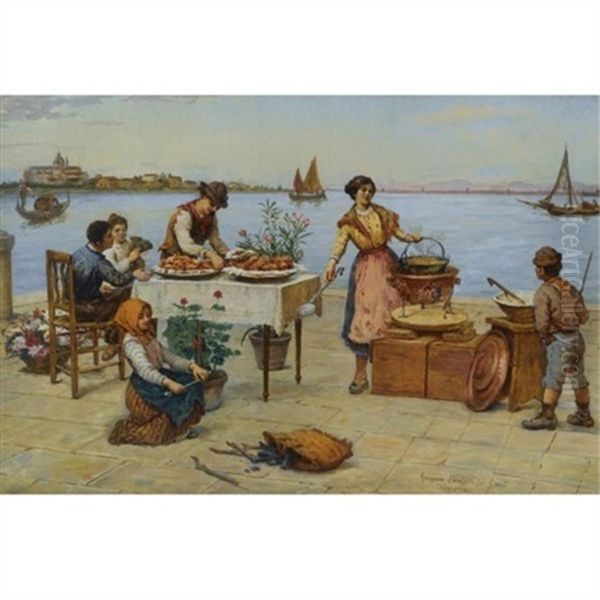 Repast By The Canal, Venice Oil Painting by Antonio Ermolao Paoletti