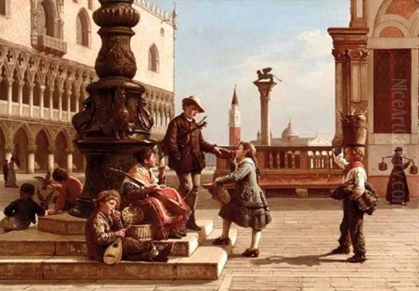 Young Musicians In Piazza San Marco, Venice Oil Painting by Antonio Ermolao Paoletti