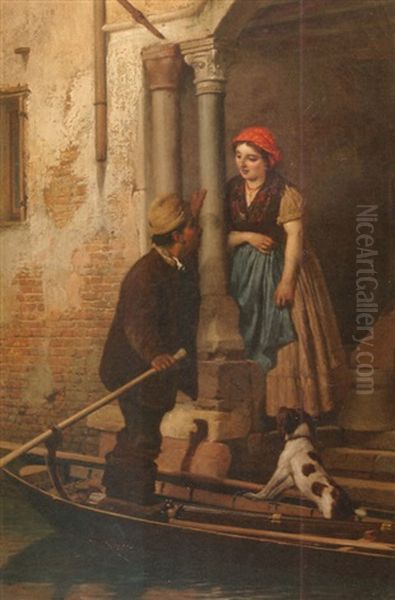 Courtship In Venice Oil Painting by Antonio Ermolao Paoletti