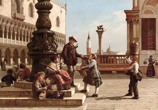 Young Musicians In Piazza San Marco, Venice Oil Painting by Antonio Ermolao Paoletti