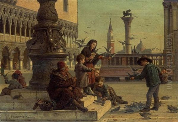 Feeding The Pigeons Oil Painting by Antonio Ermolao Paoletti