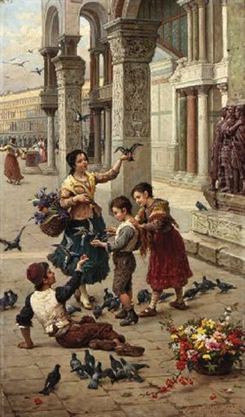 Feeding The Pigeons In The Piazza San Marco Oil Painting by Antonio Ermolao Paoletti