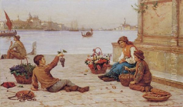 La Fioraia E I Due Piccoli Venditori Di Frutta Oil Painting by Antonio Ermolao Paoletti